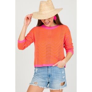 Hem & Thread Pointelle Stripe Sweater Orange and Pink